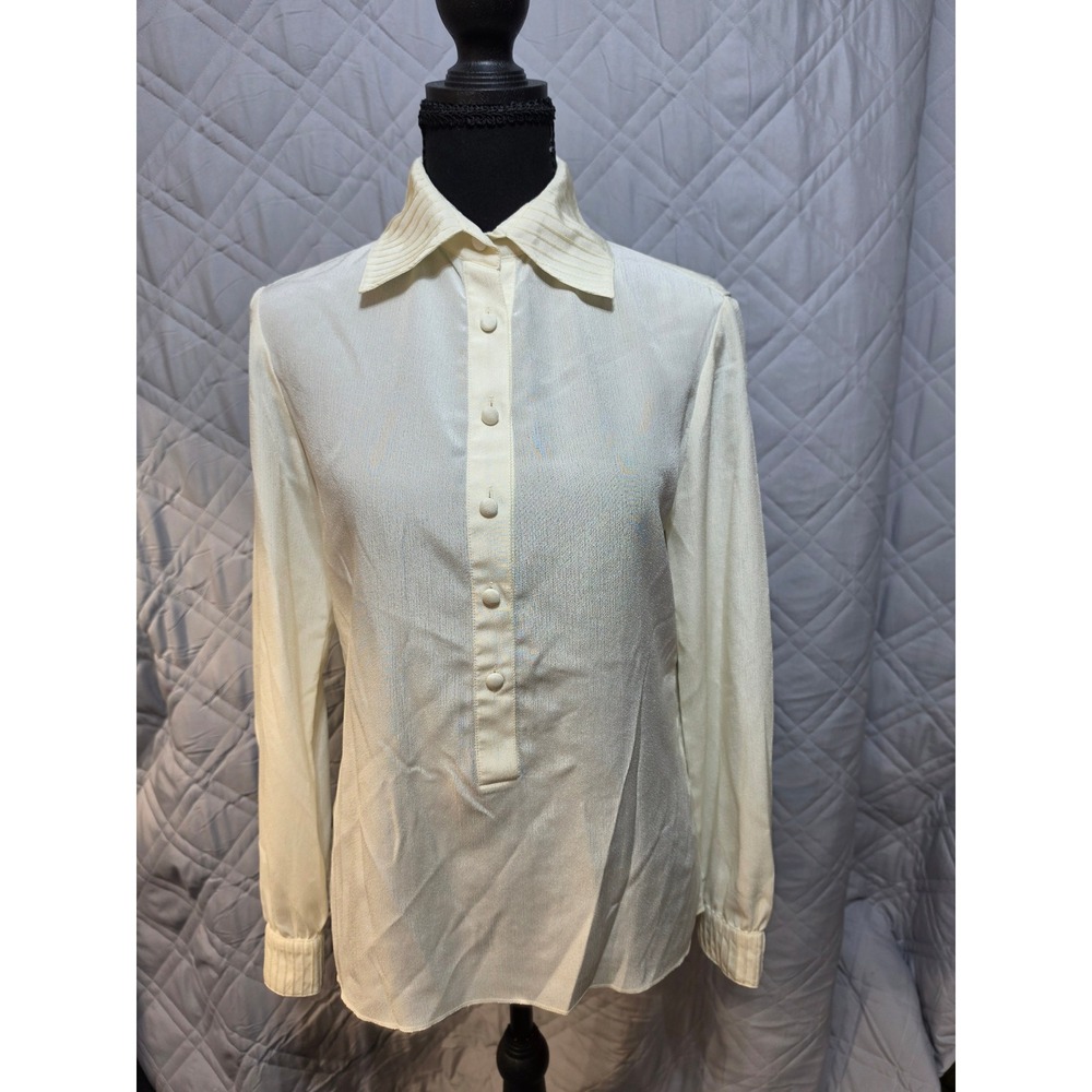 St John Vintage Cream Shimmer Pleated Collar Button Front Blouse Womens 6